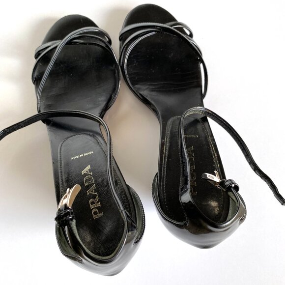 Prada Patent Leather Wedged Sandals Black Size 9.5 Vintage - Picture 3 of 15